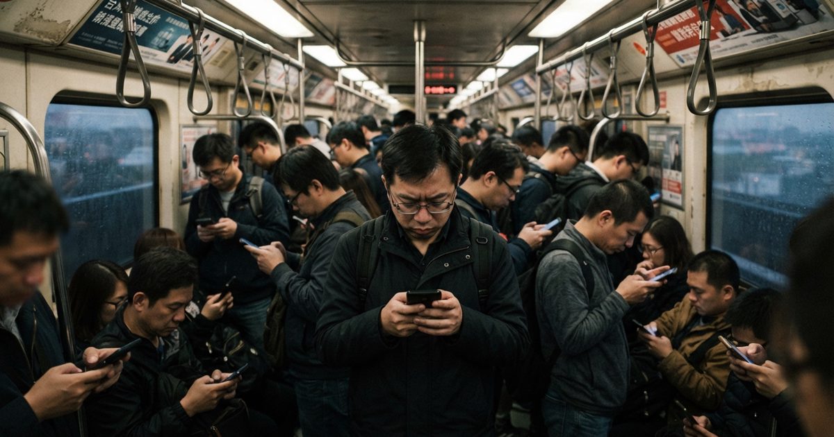 A dramatic, low-angle shot of a crowd of commuters standing on a city train, all staring down at their mobile phones with expressions of profound sorrow and.
