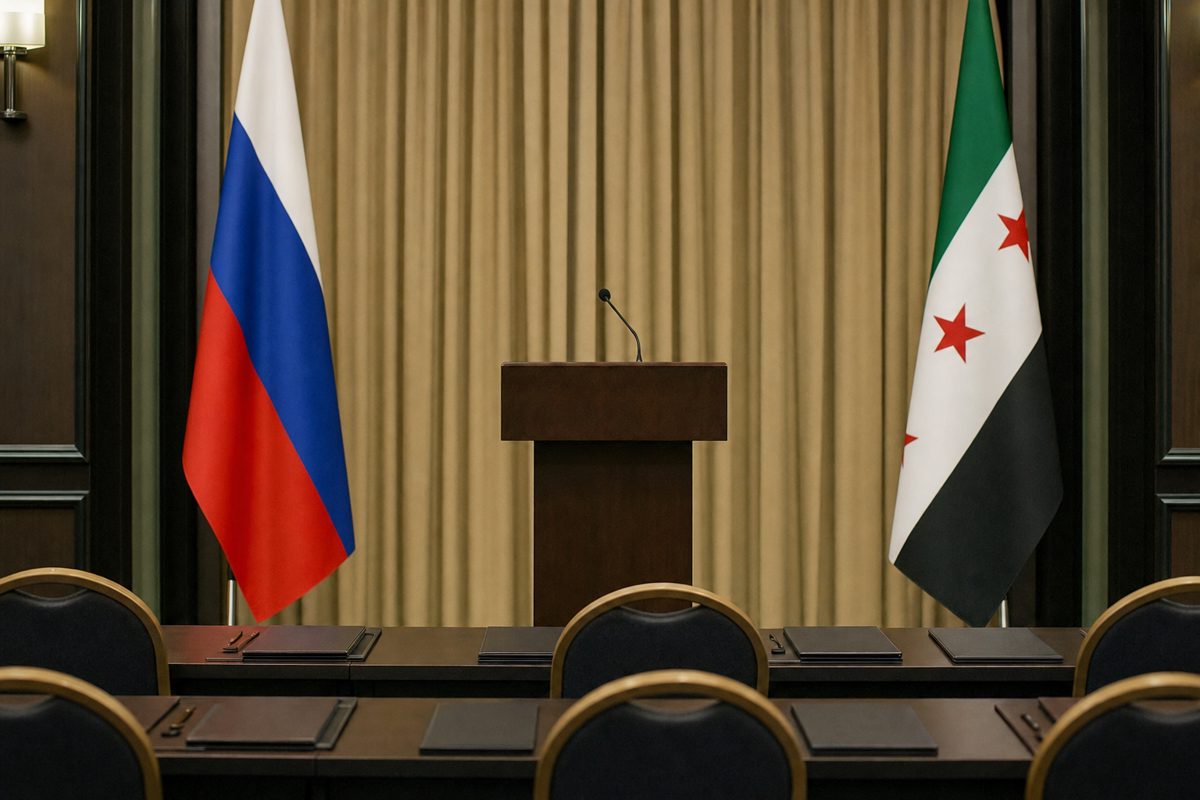 A realistic press-room scene with an empty lectern, two national flags partially visible at the edges, rows of vacant chairs and folders arranged on a.
