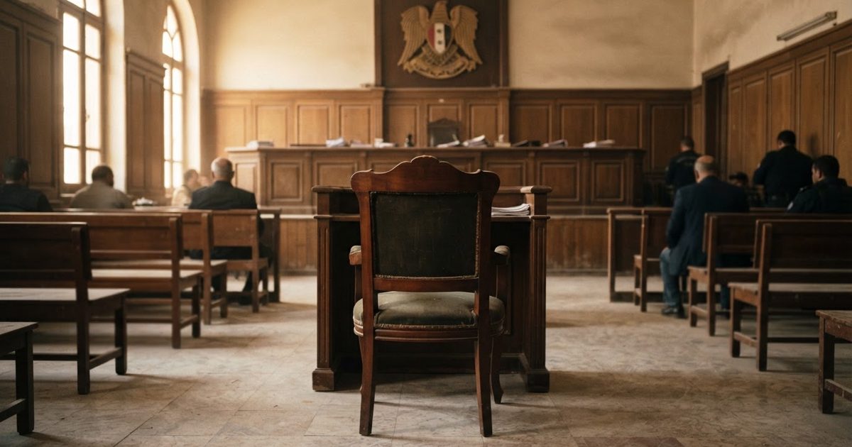 A single, polished wooden armchair sitting entirely empty in the centre of a dusty, sunlit, and otherwise unoccupied courtroom.