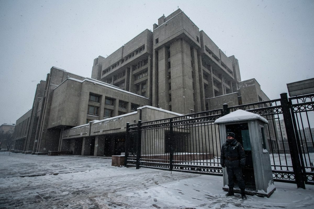 A low-angle shot of a towering, brutalist government building in the snow, with a single, heavily bundled security guard standing watch by a closed iron gate.