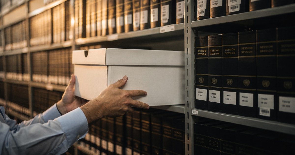 Close detail in warm late-afternoon light in the basement media archive beneath UN headquarters in New York, a clerk's hands cropped above the cuffs sliding a.