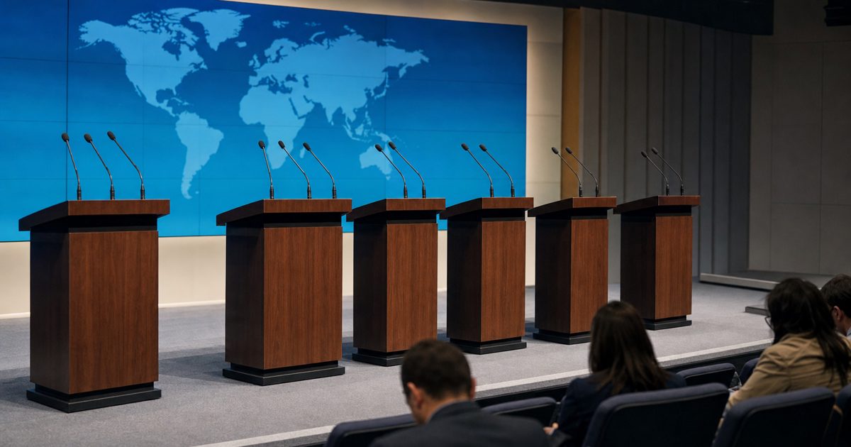 A row of empty wooden podiums equipped with multiple microphones in a sterile, highly lit press briefing room. A large digital screen in the background.