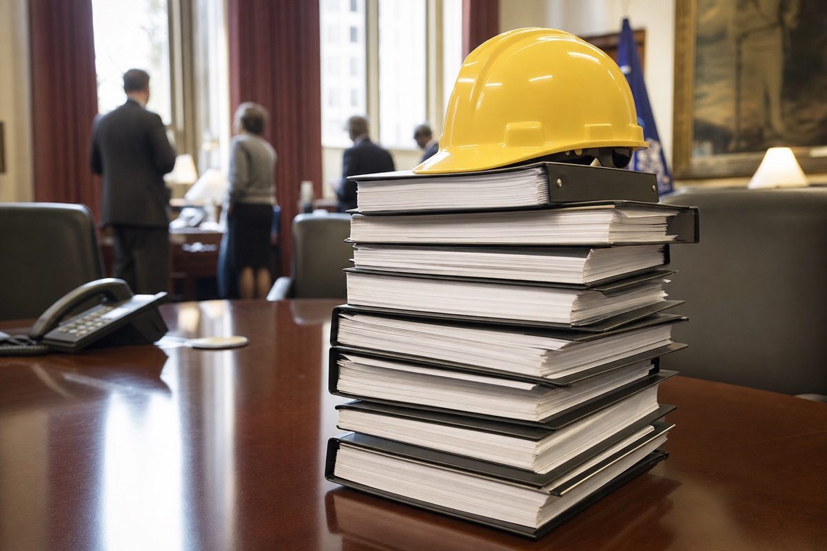 A close-up of a perfectly clean, brand-new yellow hard hat resting deliberately on top of a towering stack of thick, untouched bureaucratic policy binders on a.