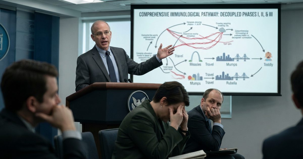 A sterile, modern Washington briefing room. A serious-looking official in a grey suit gestures expansively toward a complicated, overly complex flowchart on a.