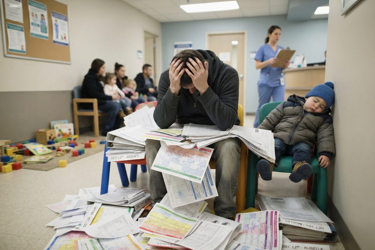 A brightly lit pediatric clinic waiting room. A frustrated parent sits in an undersized plastic chair, desperately trying to organize an overflowing, chaotic.