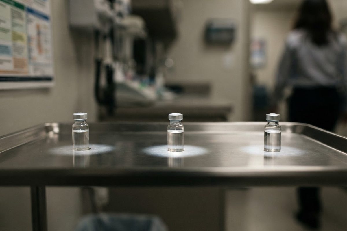 A close-up of a pristine, sterile medical tray. Three separate, tiny glass vials are spaced unnecessarily far apart on the metal surface, each bathed in.