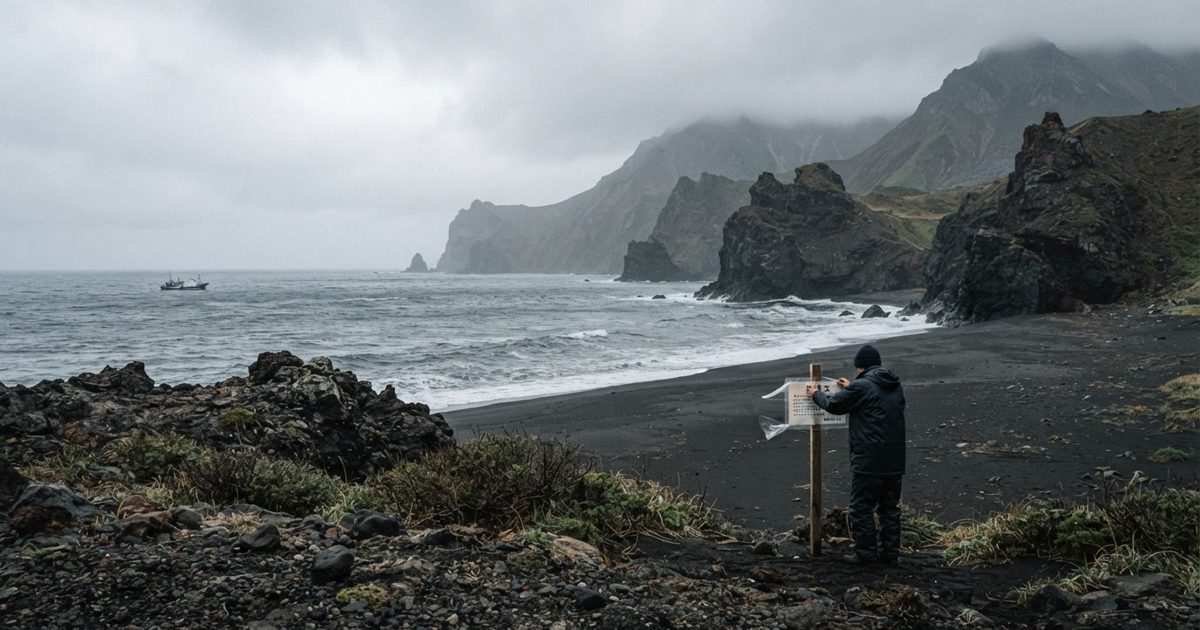 A bleak volcanic island coastline under grey overcast sky, black sand beach, low scrub, distant fishing boat, no people, documentary news photography, cold.