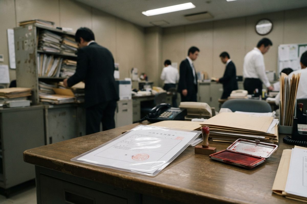Interior of a government ministry office, overstuffed grey filing cabinets, a single laminated document lying on a desk beside a stamp and ink pad, fluorescent.