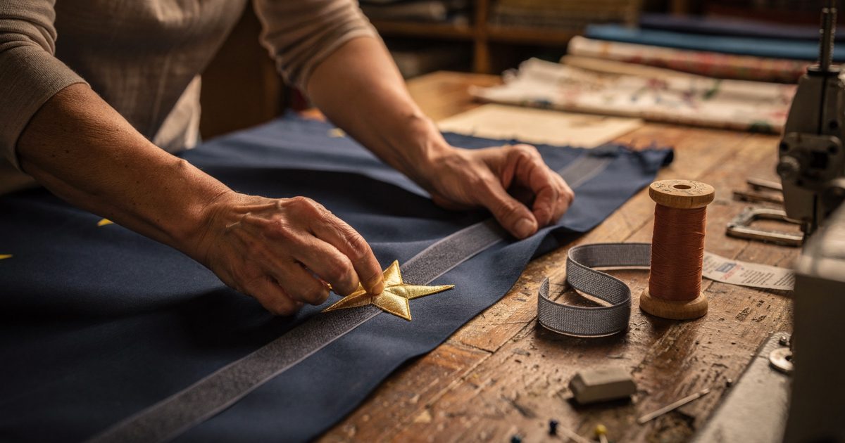 Close detail in warm late-afternoon window light on a Brussels textile workshop bench, a seamstress's hands pressing a gold fabric star onto a dark blue flag.