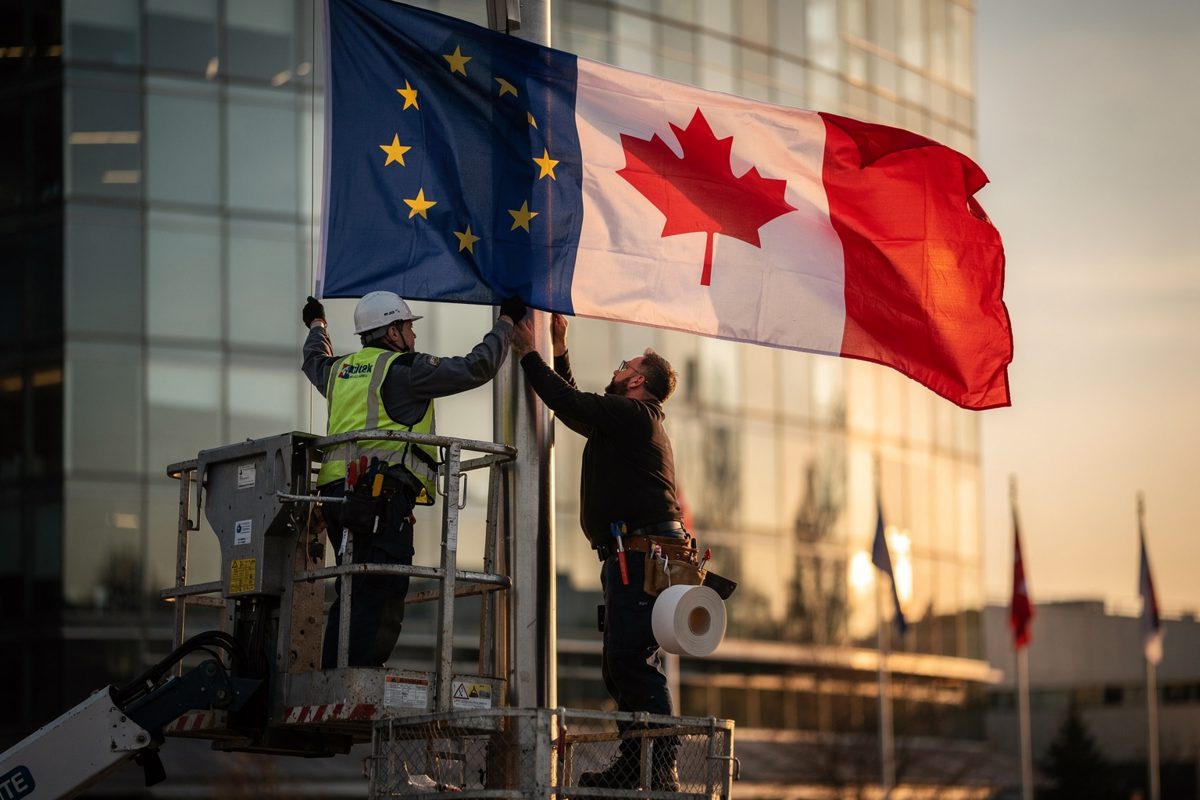 Mid shot from below at golden hour of two maintenance workers on a raised lift platform reattaching a flag to a pole outside a glass institutional building, a.