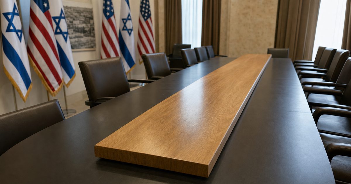 A documentary news photograph of an empty diplomatic meeting room in Jerusalem, with a long polished wooden board resting on a conference table, national flags.
