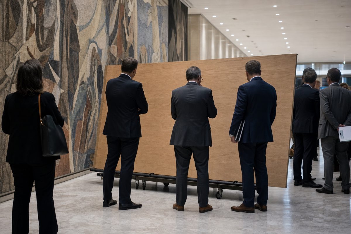 A press corridor at an international institution where anonymous suited officials, photographed from behind, examine a large plain wooden panel on a wheeled.