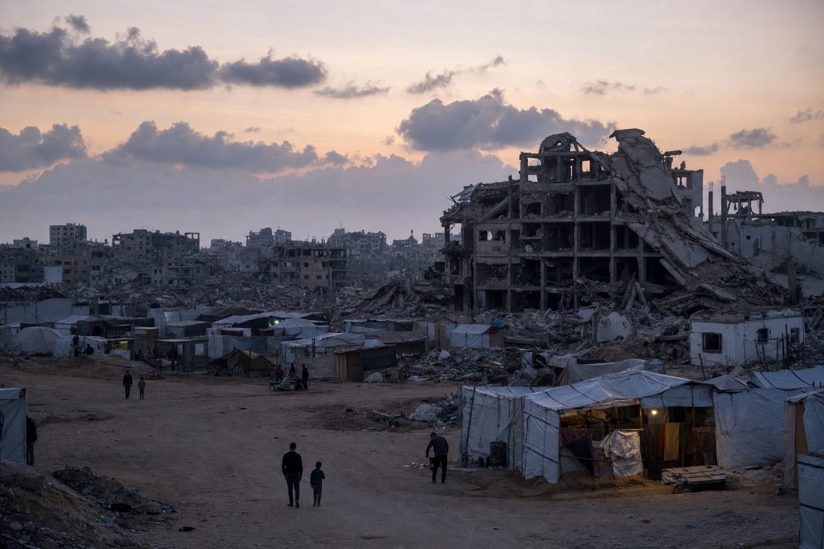 A sombre wide news photograph of damaged buildings and temporary shelters in Gaza City at dusk, civilians shown only as distant unidentifiable silhouettes.