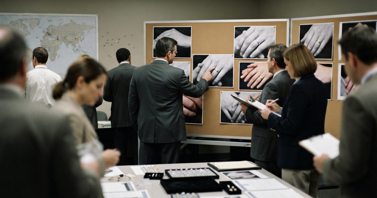 A realistic press photographer’s view of an anonymous operations room where suited officials study enlarged photographs of two ringed hands pinned to briefing.