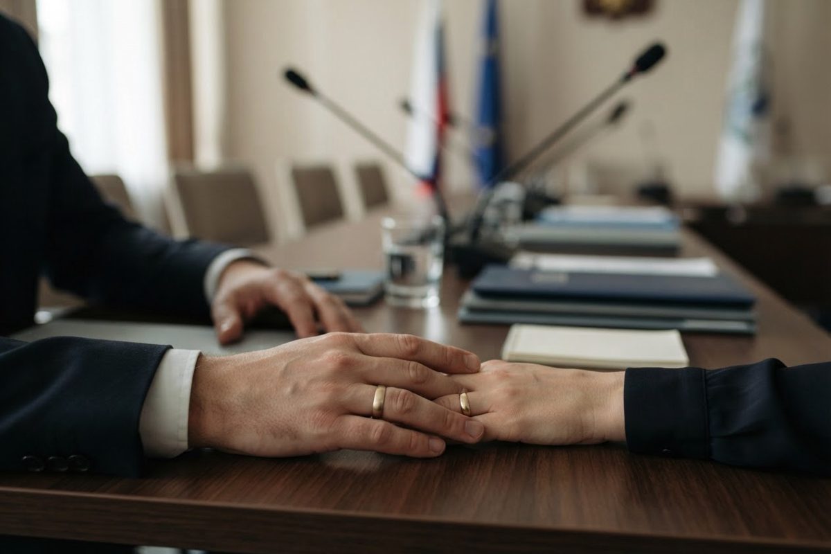 A close news photograph of two anonymous hands wearing simple wedding bands resting on a table beside microphones and neatly stacked briefing folders, formal.