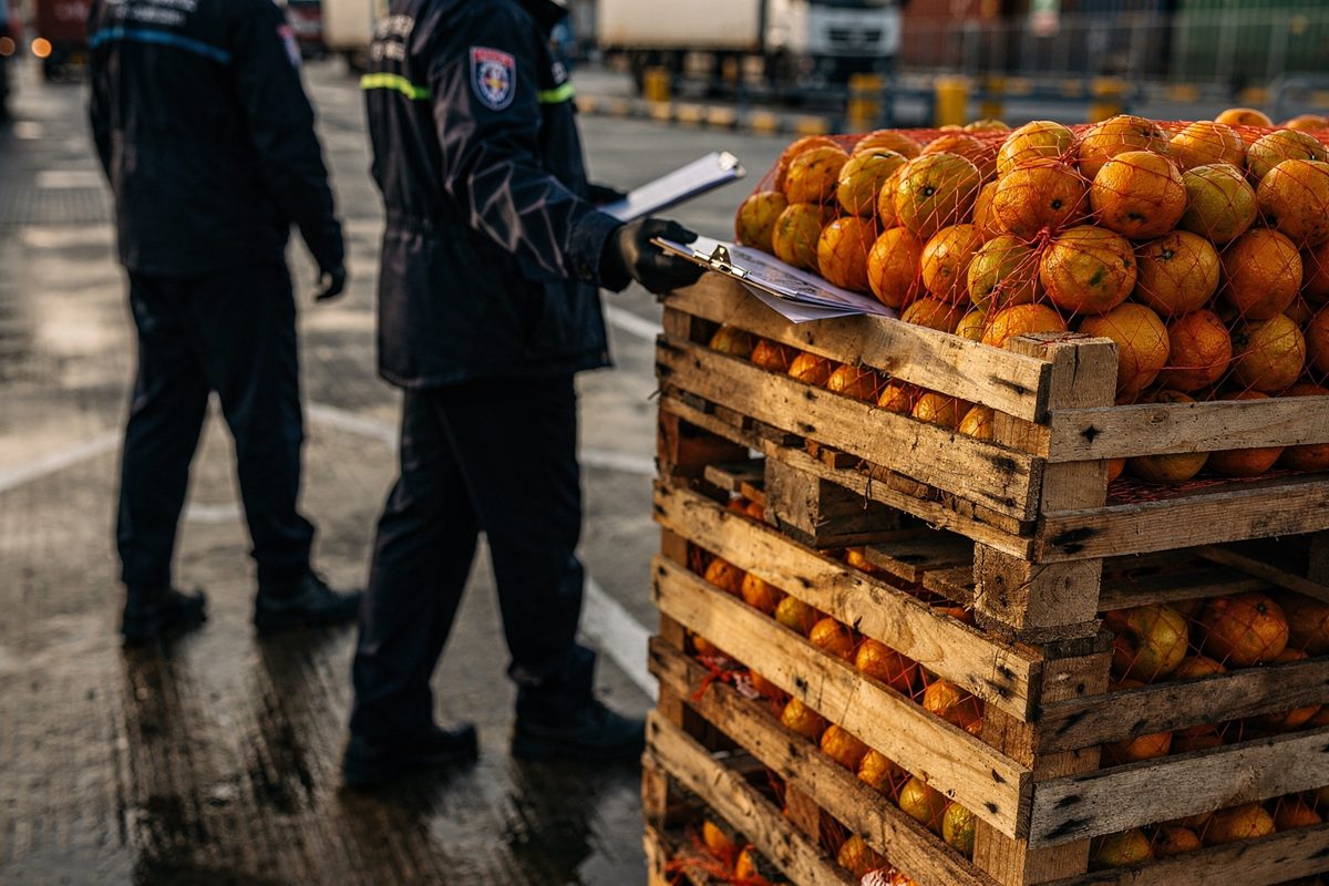 Low winter sun glinting off wet concrete at a Channel port freight lane, two customs officers cropped from the neck down walking beside pallets of netted.