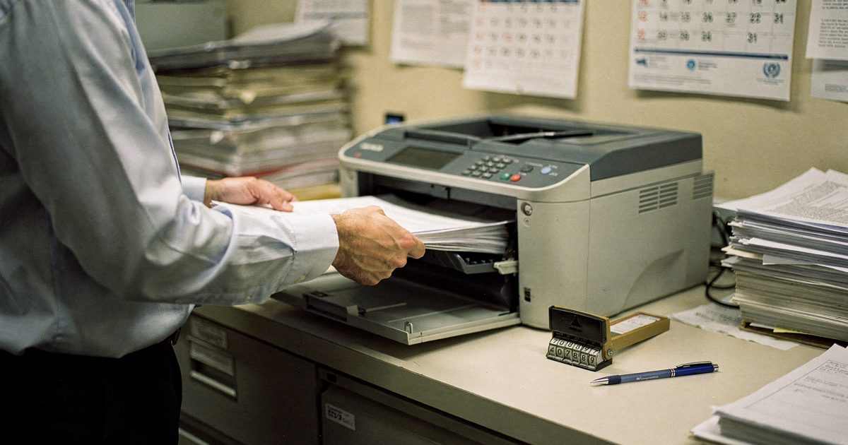 Medium shot inside a cramped United Nations annex copy room in flat early-morning strip light, a clerk cropped at the elbows lifting a still-warm stack of.