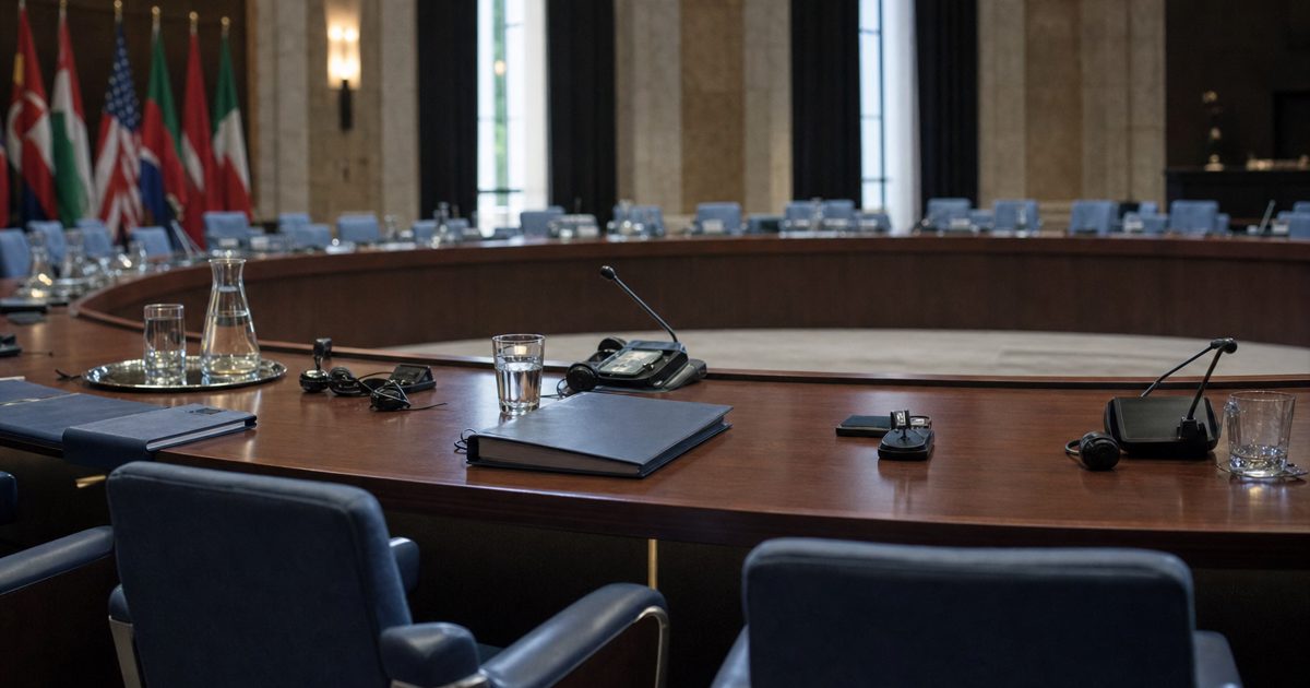A wide news photograph of an anonymous diplomatic conference room after a meeting, with empty chairs, translation headsets, water glasses and a closed document.