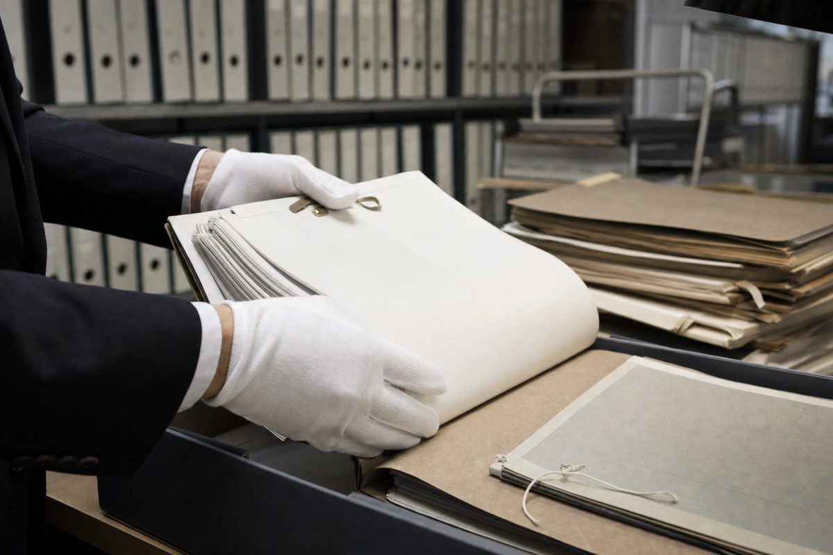 A documentary-style photograph of gloved clerical hands examining a thick diplomatic document inside a plain institutional records office, faces out of frame.