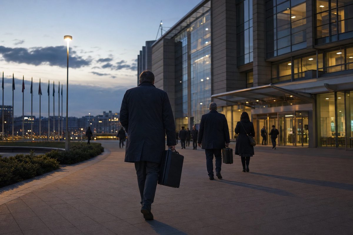 A dusk photograph outside a modern government complex as unrecognisable officials carrying document cases walk away from the entrance, photographed from behind.