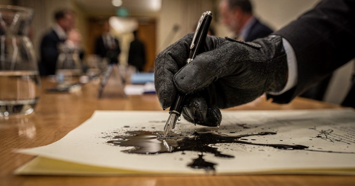 Close detail at late afternoon in a UN corridor under warm tungsten light, a wool-gloved hand holding a leaking fountain pen above a soaked blotter, meltwater.