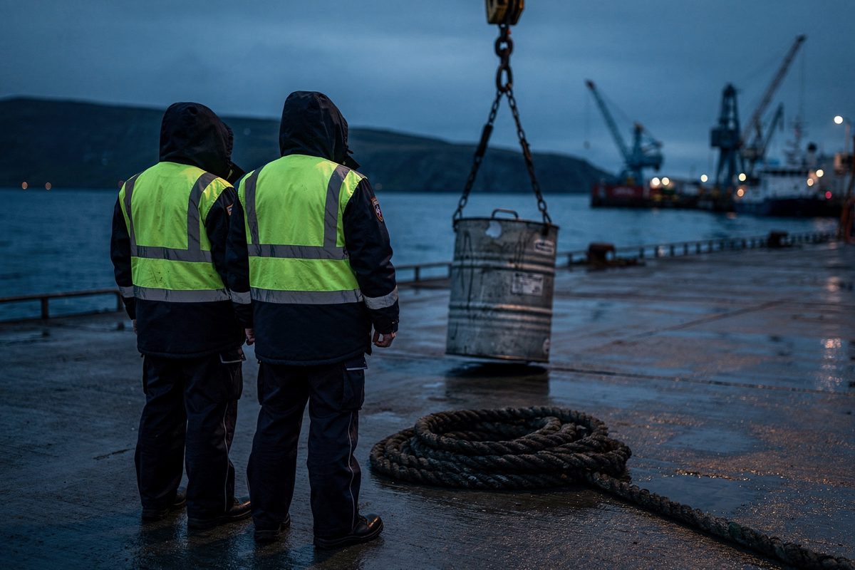 Mid-shot at blue hour on a Nuuk harbour quay, two figures in high-visibility parkas seen from behind watching a crane lower a sealed steel drum onto wet.