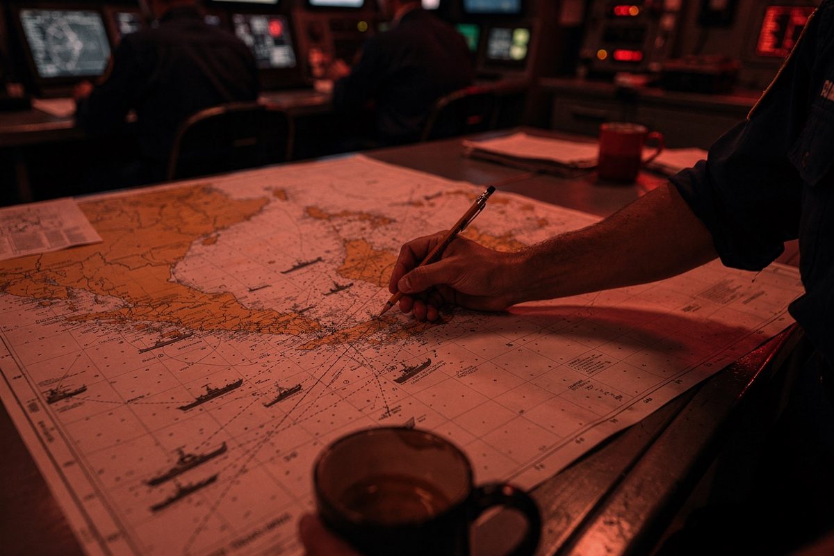 Red night lighting in a ship's operations room, an officer's forearm cropped at the elbow marking a pencil line on a paper nautical chart, a cooling mug at the.
