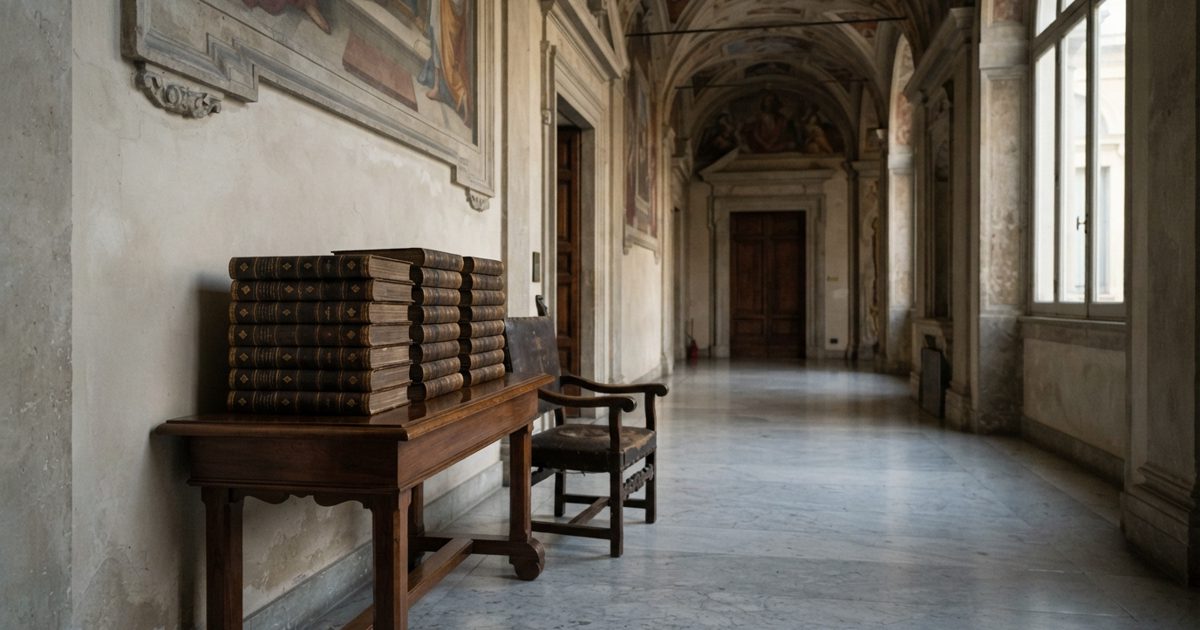 A deserted baroque palace corridor in late afternoon light, a polished side table stacked with identical unopened leather-bound reports, an empty wooden chair.