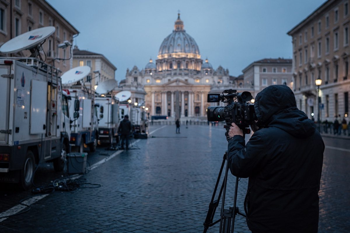 Wide shot at dawn along a broad Roman avenue leading toward a great domed basilica, a row of satellite broadcast trucks with dishes raised and a camera.