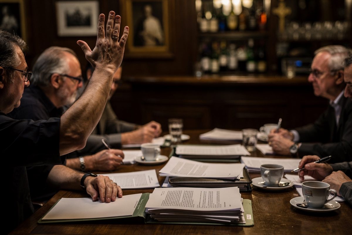 Medium shot in the dim back room of a Roman bar at dusk, several figures seen only from the shoulders down around a cluttered wooden table, one hand raised.