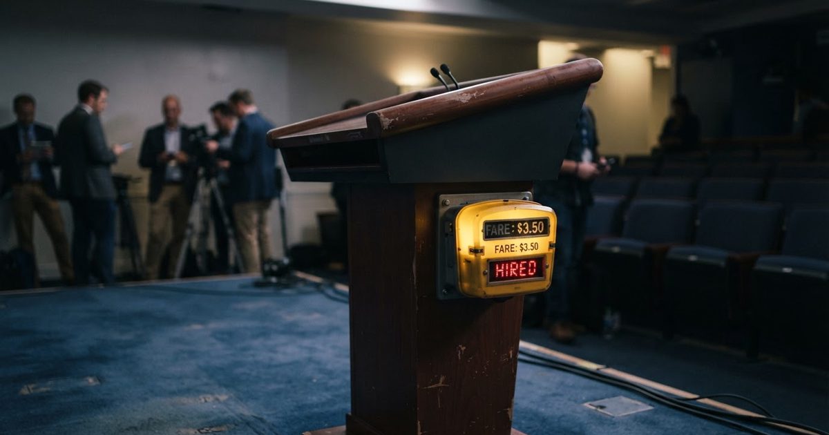 A worn-out wooden press briefing podium with a glowing yellow taxi meter bolted to its side, sitting empty in a dimly lit, blue-carpeted room.