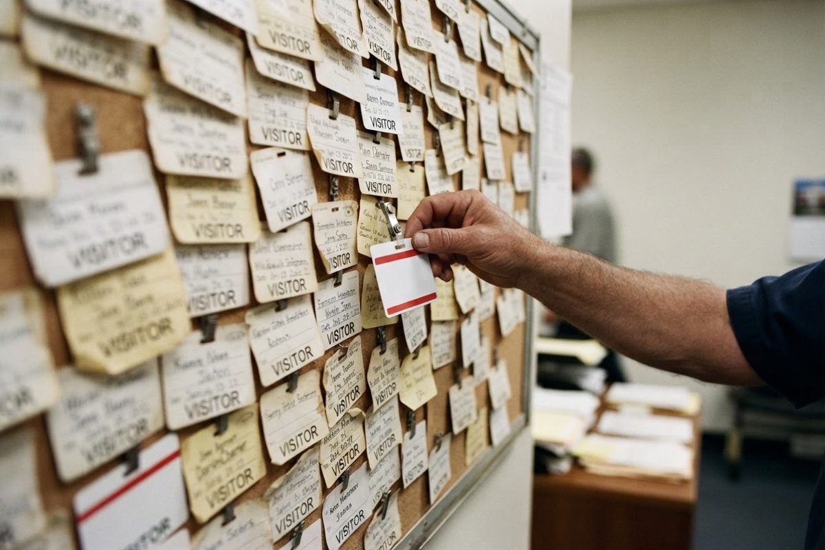 A chaotic cork bulletin board covered in hundreds of overlapping temporary visitor badges, with a large, weary hand reaching up to pin yet another one to the.