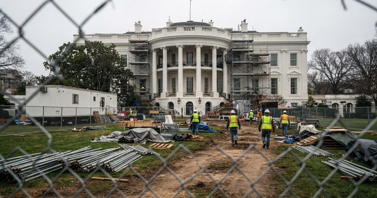 Wide editorial news photograph of the White House seen beyond construction fencing and temporary barriers, with scaffolding materials and a few unidentifiable.