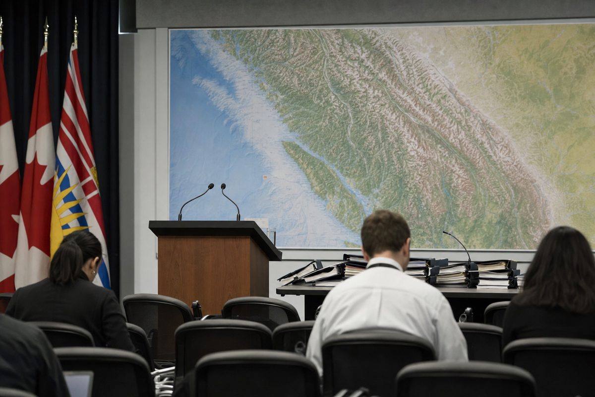 News photograph inside a generic government briefing room, empty lectern before a large regional map, folders and microphones arranged for an announcement, no.