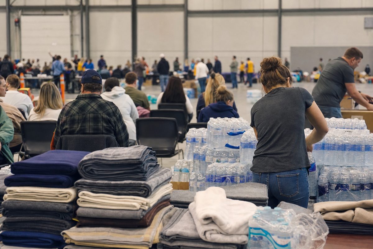 Documentary photograph of an evacuation reception area in a public hall, anonymous volunteers arranging bottled water and folded blankets, evacuees seen only.