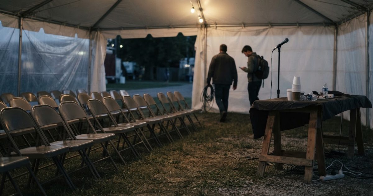 A press tent at a Midwestern state fairground at dusk, empty folding chairs in uneven rows, a lone microphone stand and a trestle table with paper cups, nobody.