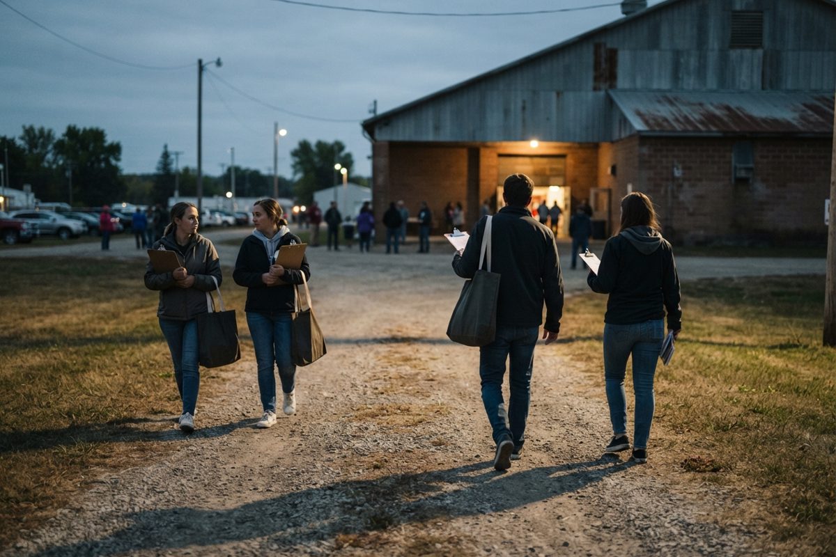 Two small groups of campaign canvassers with clipboards and plain tote bags passing each other on a gravel path outside a fair pavilion, shot from behind so no.