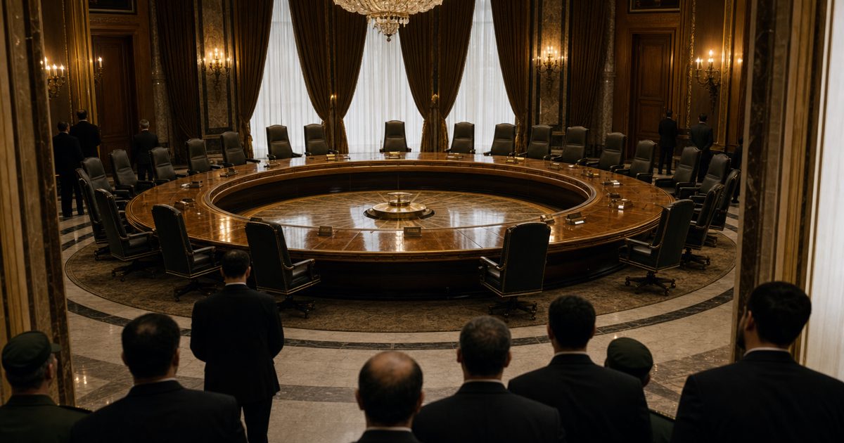 Wide editorial news photograph of an imposing government conference room in Tehran, with a large polished circular table, empty high-backed chairs, subdued.