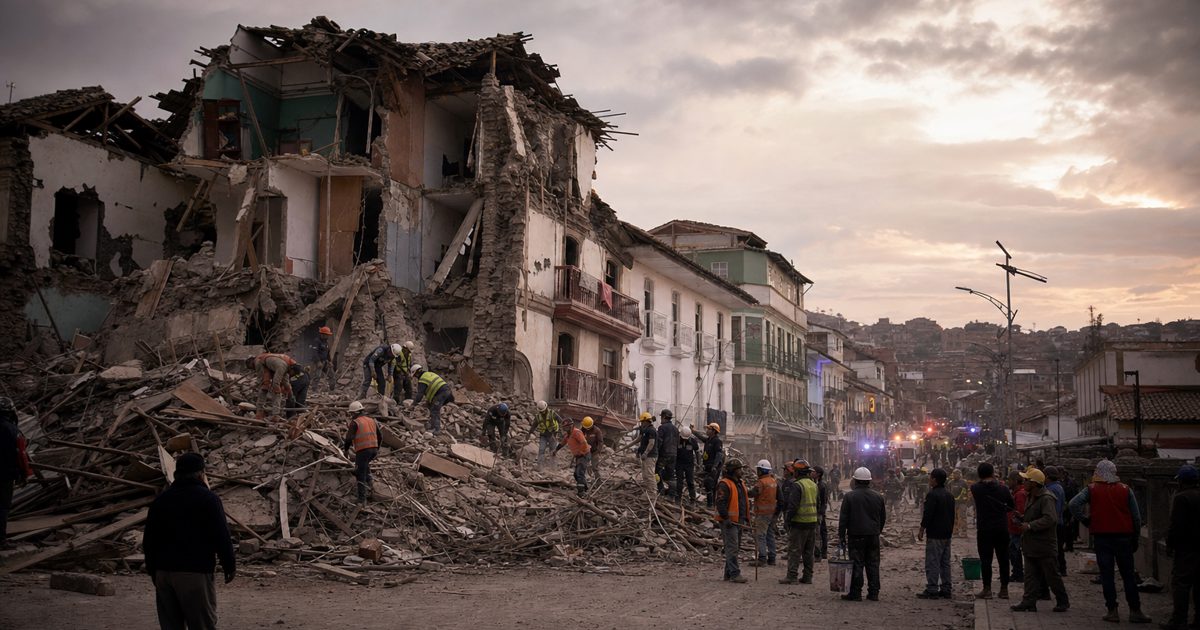 A wide news-style photograph of rescue workers and residents sifting through the rubble of a partially collapsed building on a dusty city street at dawn.