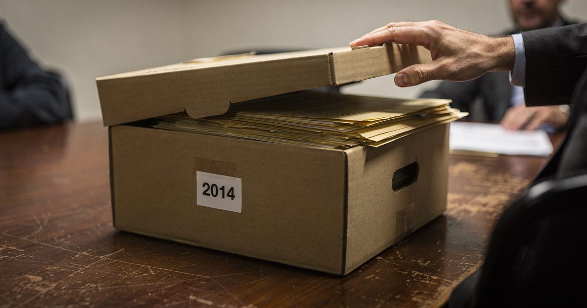 Close detail in a bare conference room in low late-afternoon light, a hand cropped at the wrist lifting the lid off a cardboard archive box marked "2014" to.