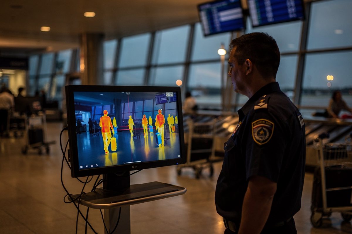 Medium shot in an airport arrivals hall at dusk, a thermal screening monitor showing a stream of passengers as orange and blue silhouettes while a uniformed.