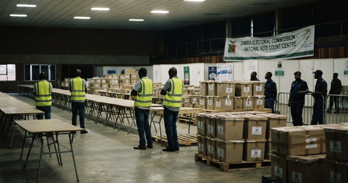 A large indoor counting hall at night under fluorescent lights, long empty trestle tables, stacked sealed cardboard ballot boxes, election workers in hi-vis.