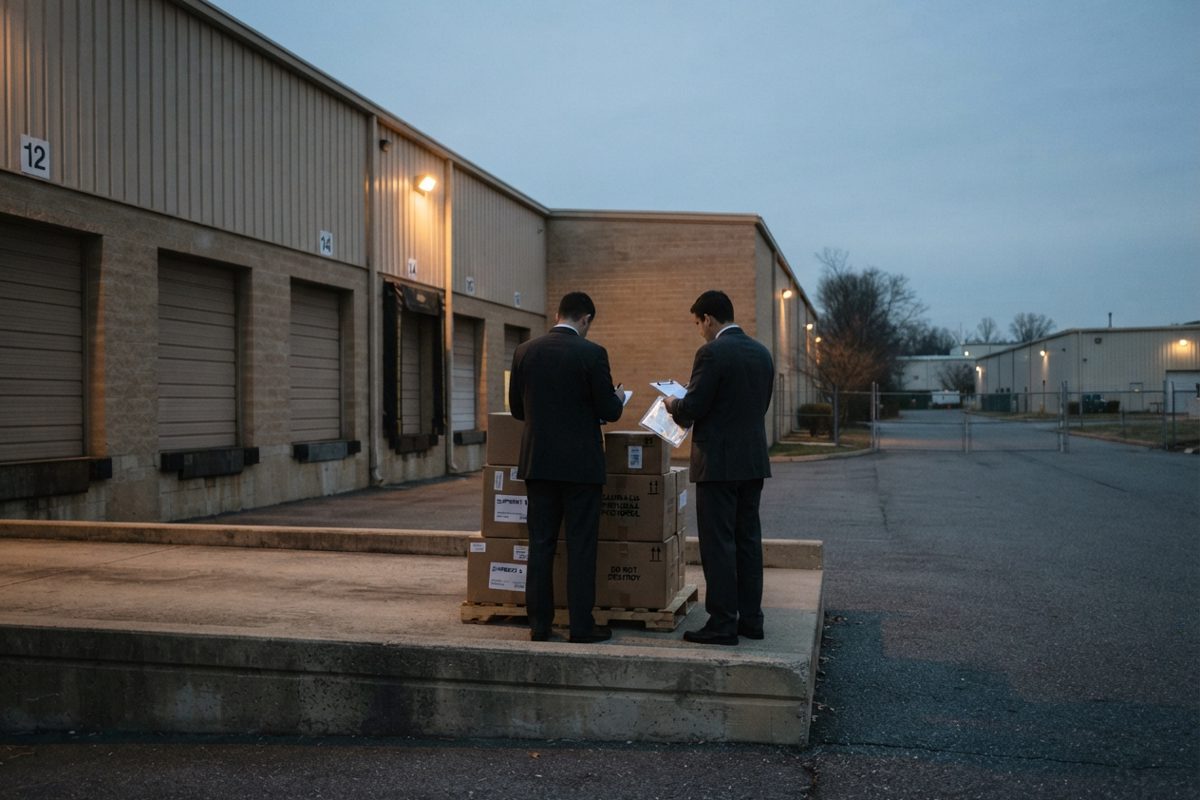Exterior of an anonymous federal warehouse in suburban Maryland at dusk, a loading dock with wooden crates on a pallet, two figures in dark suits seen only.