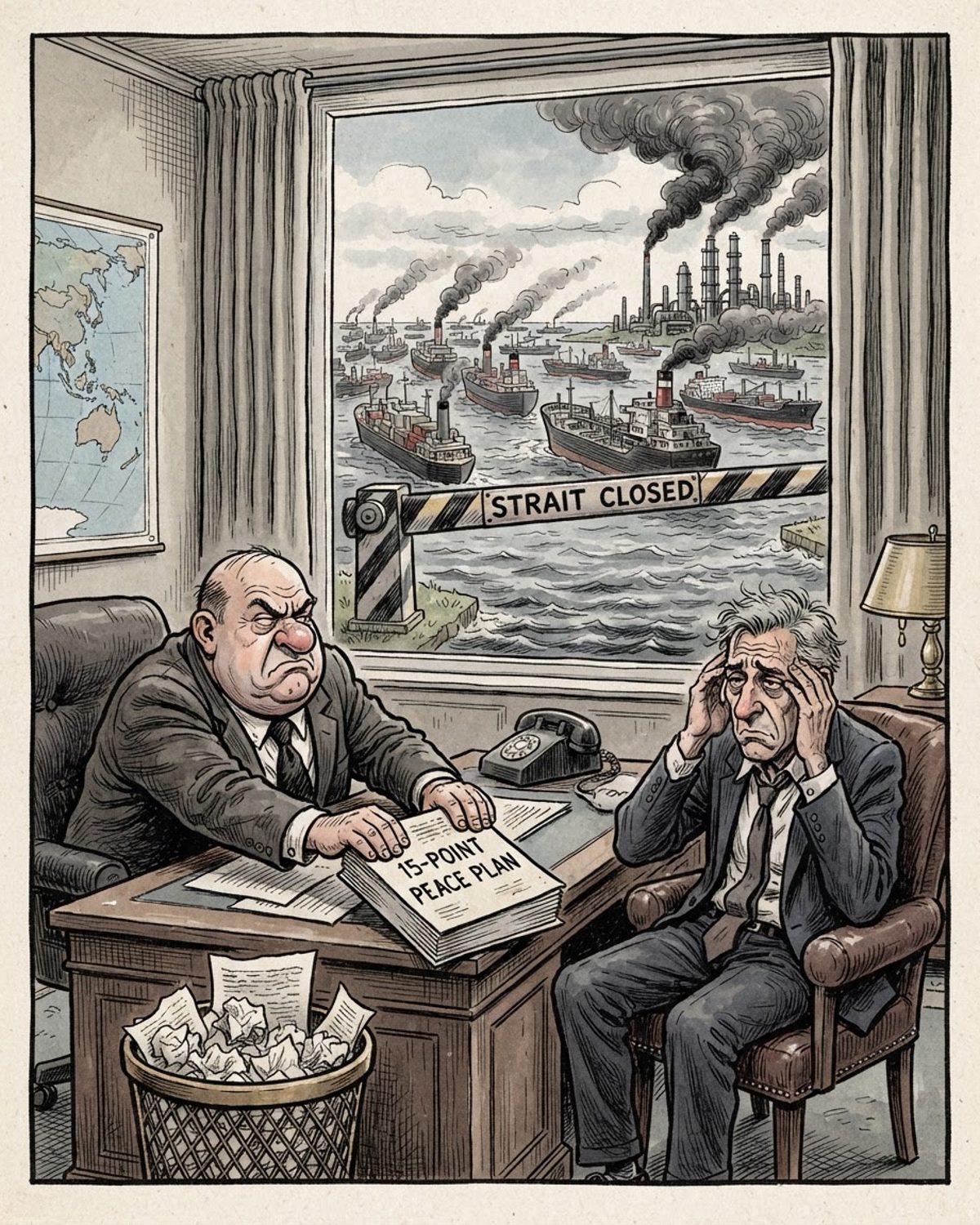 An editorial cartoon showing a politician at a desk rejecting a document labeled '15-POINT PEACE PLAN' while a diplomat rubs his temples. Through the window behind them, a massive fleet of cargo ships is blocked by a boom gate labeled 'STRAIT CLOSED' next to a smoking refinery.
