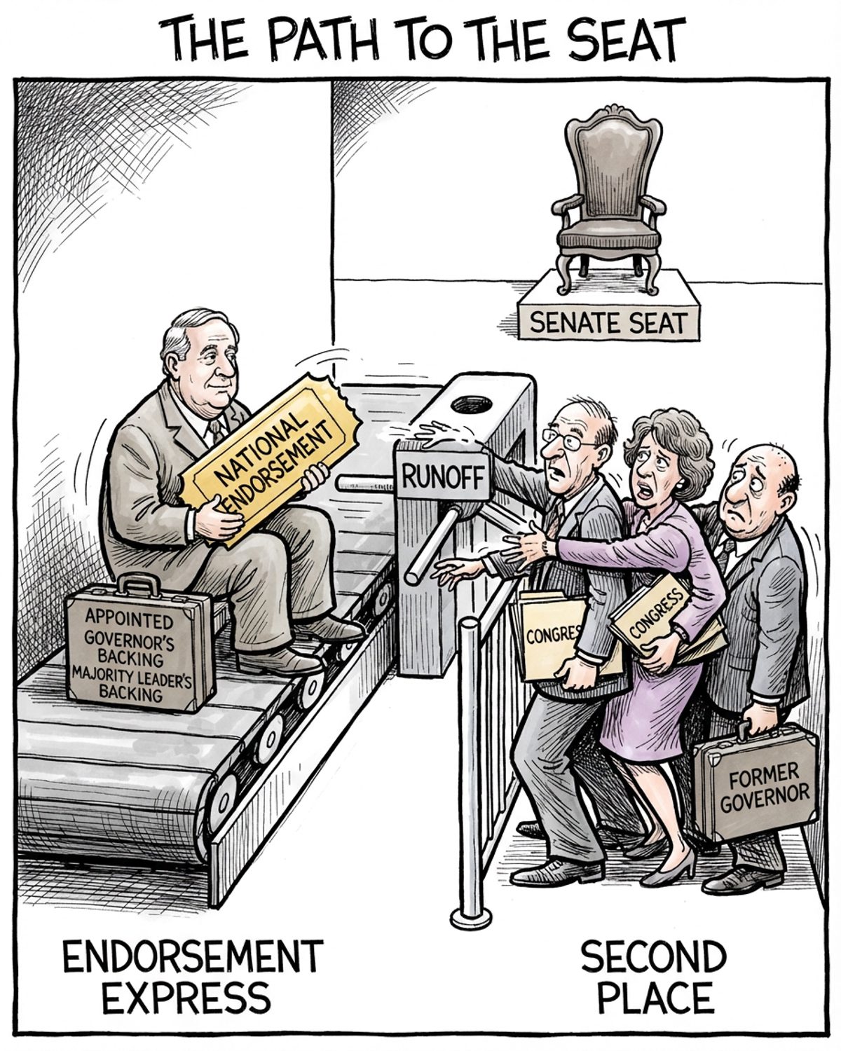 An appointed senator rides an Endorsement Express conveyor toward a runoff turnstile, holding a large National Endorsement token and a briefcase marked with additional political backing. Three generic rival politicians crowd together in a narrow Second Place lane. A chair beyond the turnstile is labelled Senate Seat.