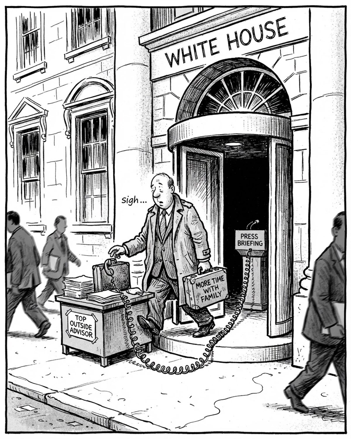 A press secretary exits a White House revolving door with a suitcase labelled “More Time With Family” and sits at a small desk immediately beside the entrance labelled “Top Outside Advisor.” A telephone cord connects the desk to a press briefing lectern inside.