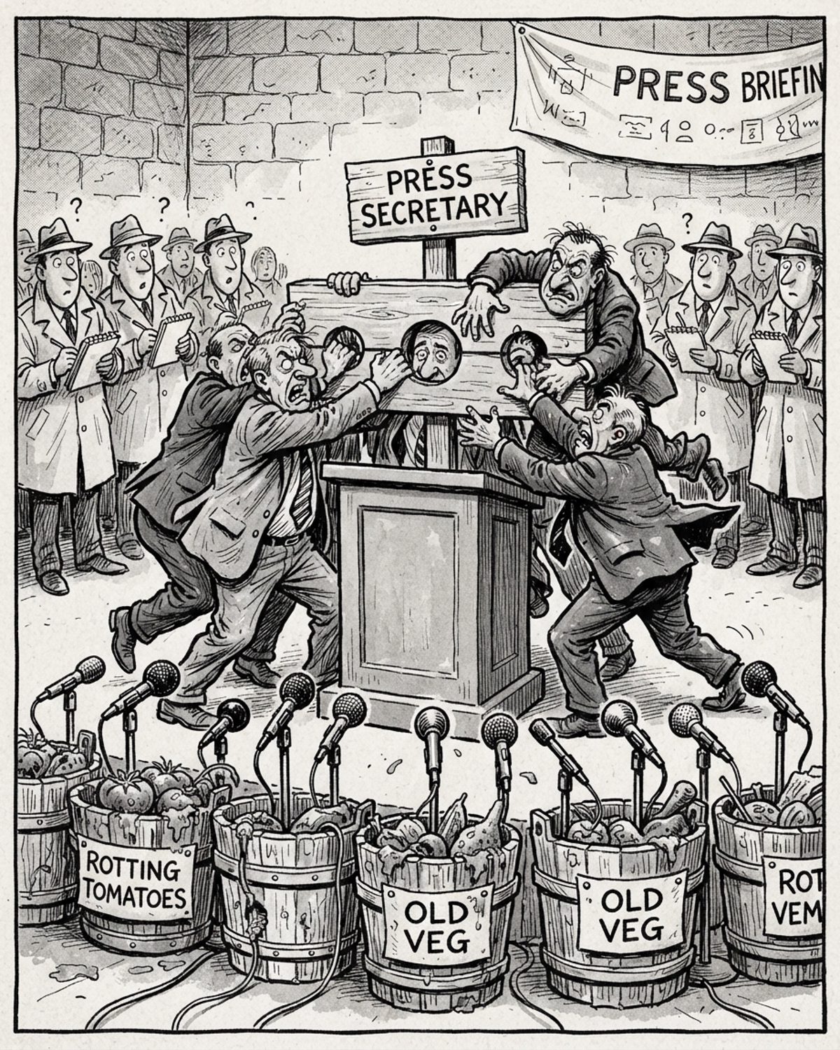 A black-and-white editorial cartoon showing a press briefing room where the podium is a medieval stockade labeled 'PRESS SECRETARY'. A crowd of political aides are physically fighting one another for the privilege of locking themselves into the stockade, while buckets of tomatoes and microphones sit waiting in the foreground.