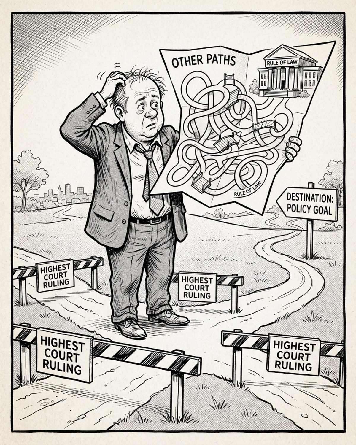 A politician in an ill-fitting suit faces three roads blocked by barriers labelled “Highest Court Ruling.” He holds a map labelled “Other Paths,” whose elaborate looping routes all lead back to a courthouse labelled “Rule of Law.”