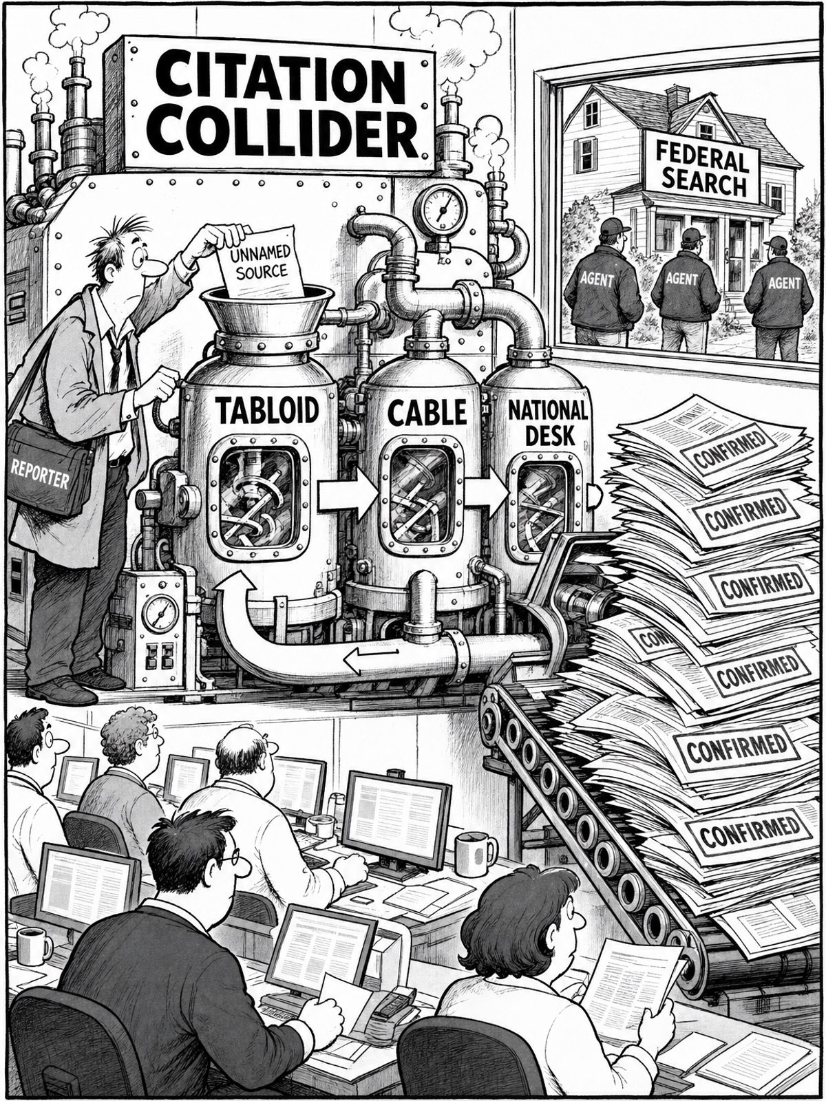 A reporter feeds a slip marked “Unnamed Source” into a large machine labelled “Citation Collider.” Pipes connect chambers labelled “Tabloid,” “Cable,” and “National Desk” in a loop, and a conveyor produces a tall stack of newspapers marked “Confirmed.” In the background, agents stand outside a house labelled “Federal Search.”