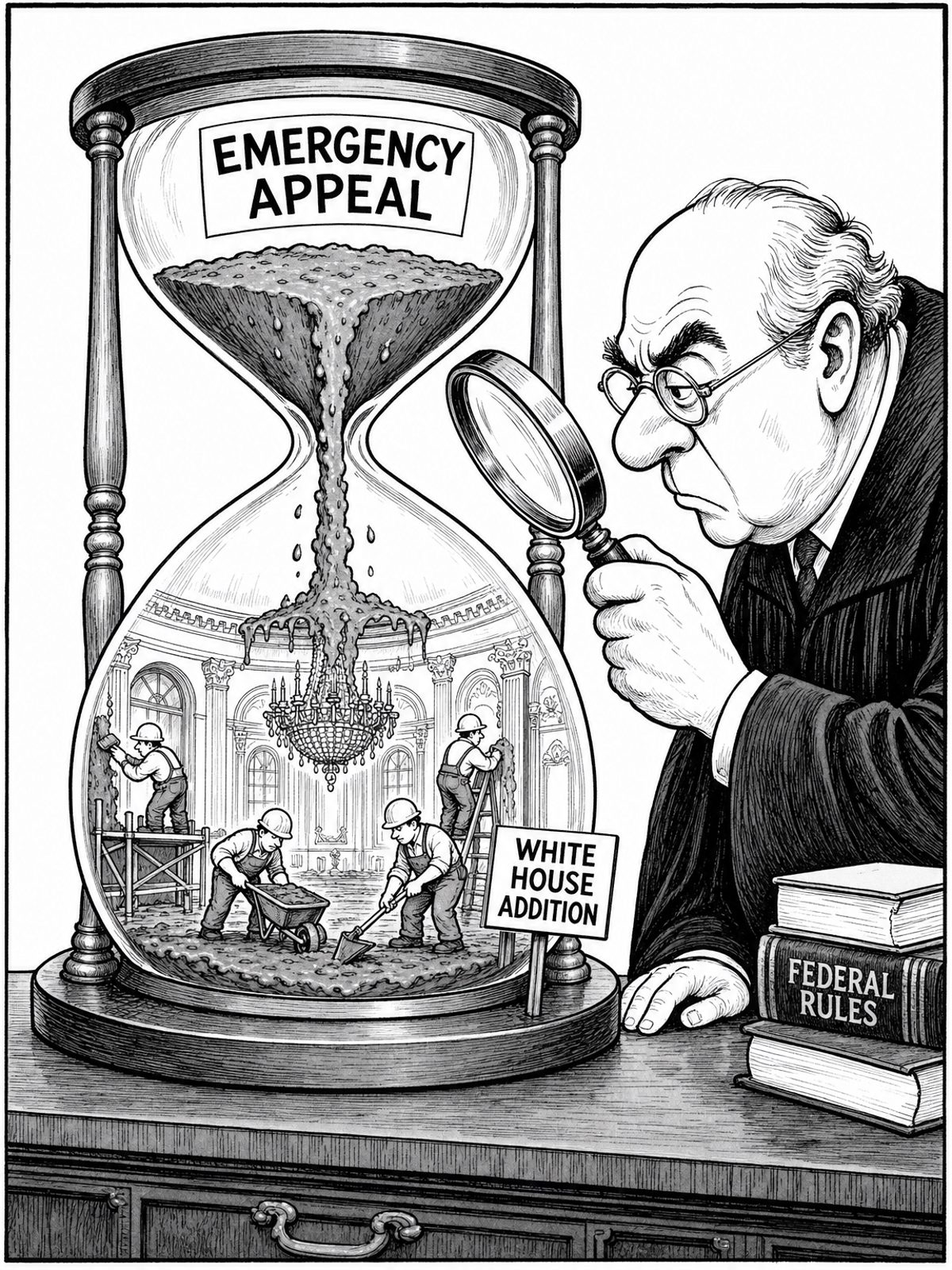 A single-panel editorial cartoon. A Supreme Court justice uses a magnifying glass to inspect a giant hourglass labeled 'EMERGENCY APPEAL'. Inside the hourglass, wet concrete pours through the center instead of sand. In the bottom half, tiny construction workers are using the concrete to build a chandelier-lit room labeled 'WHITE HOUSE ADDITION'.
